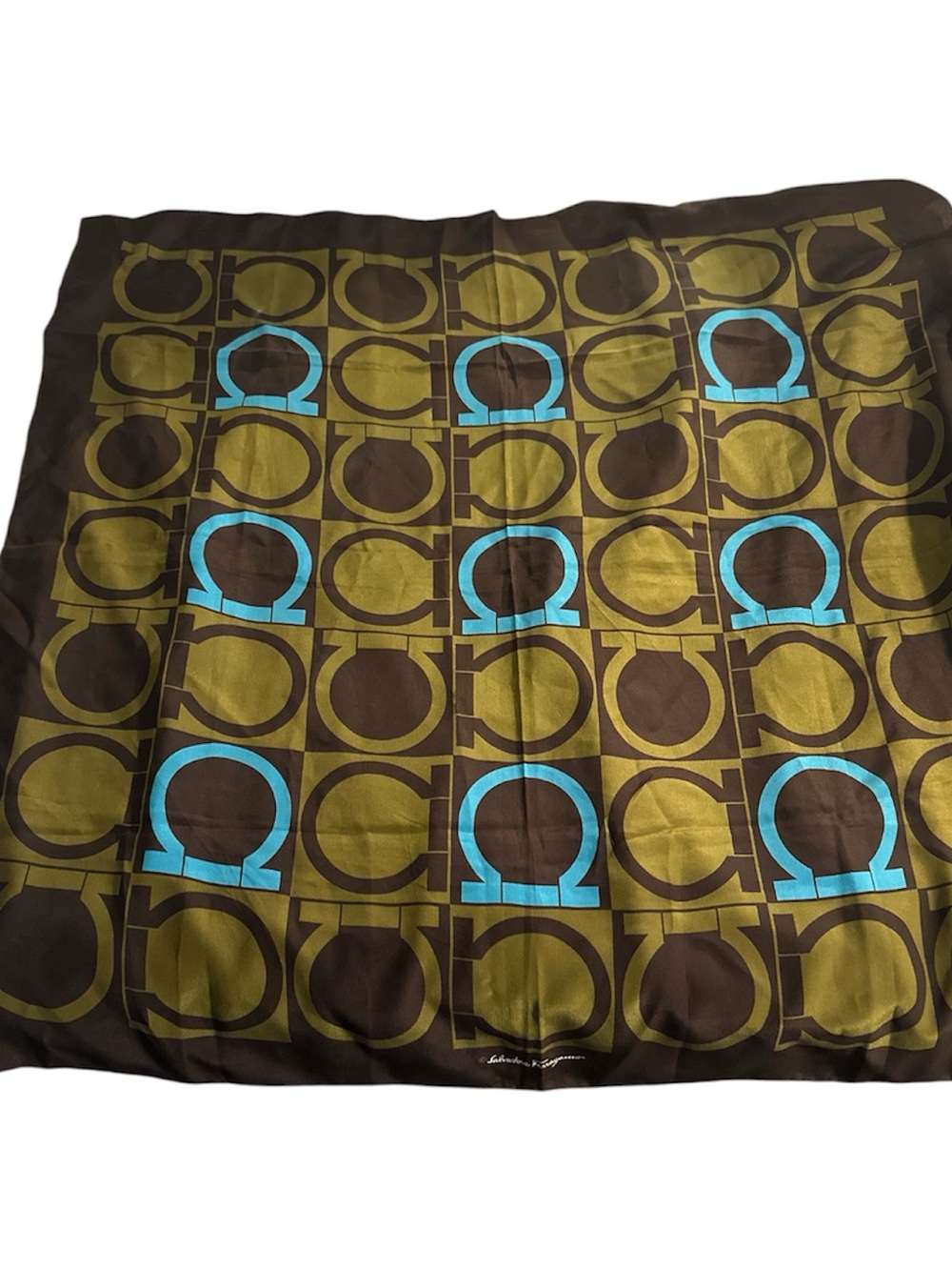 Salvatore Ferragamo rare brown, Olive-Gold and Teal Logo Pattern Scarf 100% silk